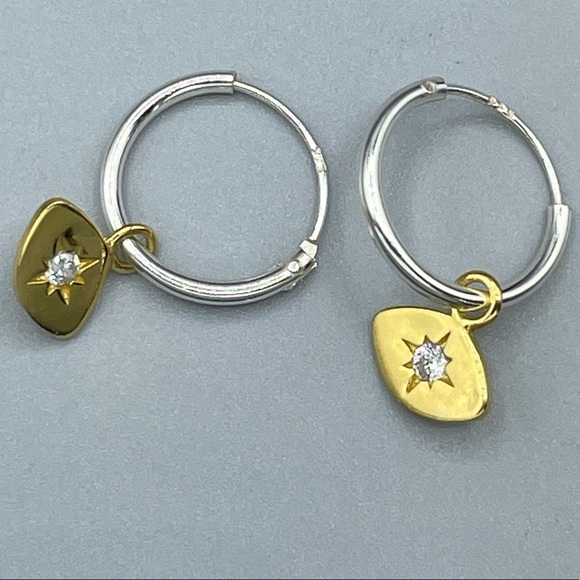 14k Gold Sterling Silver Tiny Hoop Evil Eye Earrings. - Picture 4 of 10